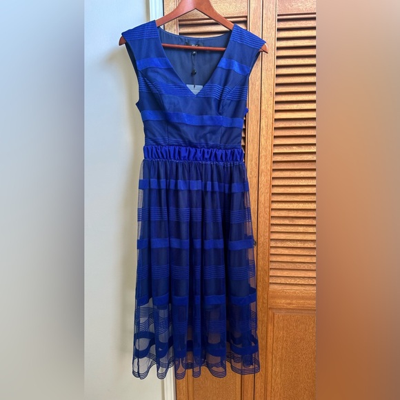 A.B.S. by Allen Schwartz Women's V-Neck Blue Dress with Striped Overlay - Picture 3 of 13